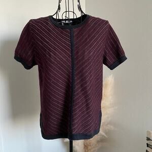 Derek Lam 10 Crosby Chevron Print Burgundy Navy Short Sleeve Sweater